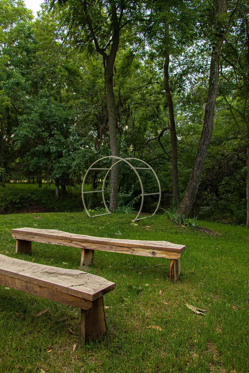 Fire pit on lush green lawn surrounded by tall trees at outdoor wedding venue in autumn, natural scenery, rustic setting, outdoor celebration, ideal for garden wedding celebrations.
