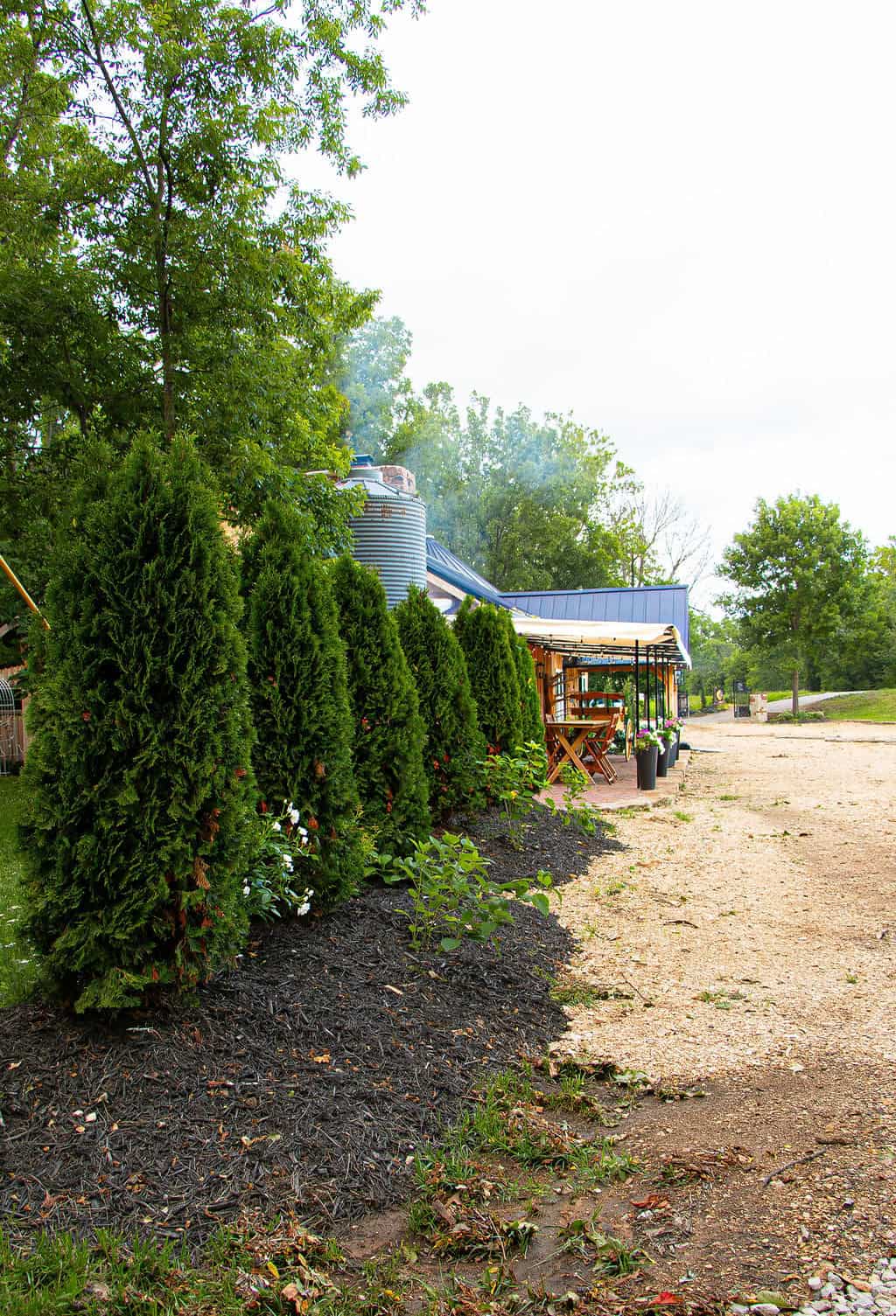 Lush green landscape at Belle Stone Venue, featuring landscaped bushes, outdoor seating, and rustic charm for special events and celebrations.