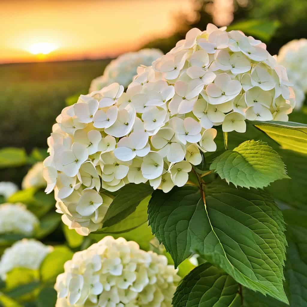 Elegant white hydrangea flowers at sunset on the grounds of Belle Stone Venue, a perfect backdrop for outdoor wedding ceremonies and garden events.